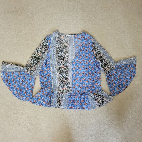 Glamorous Size 8 Blouse Boho Hippie V-Neck Pullover Ruffled Peplum Bell Sleeves - Picture 2 of 15